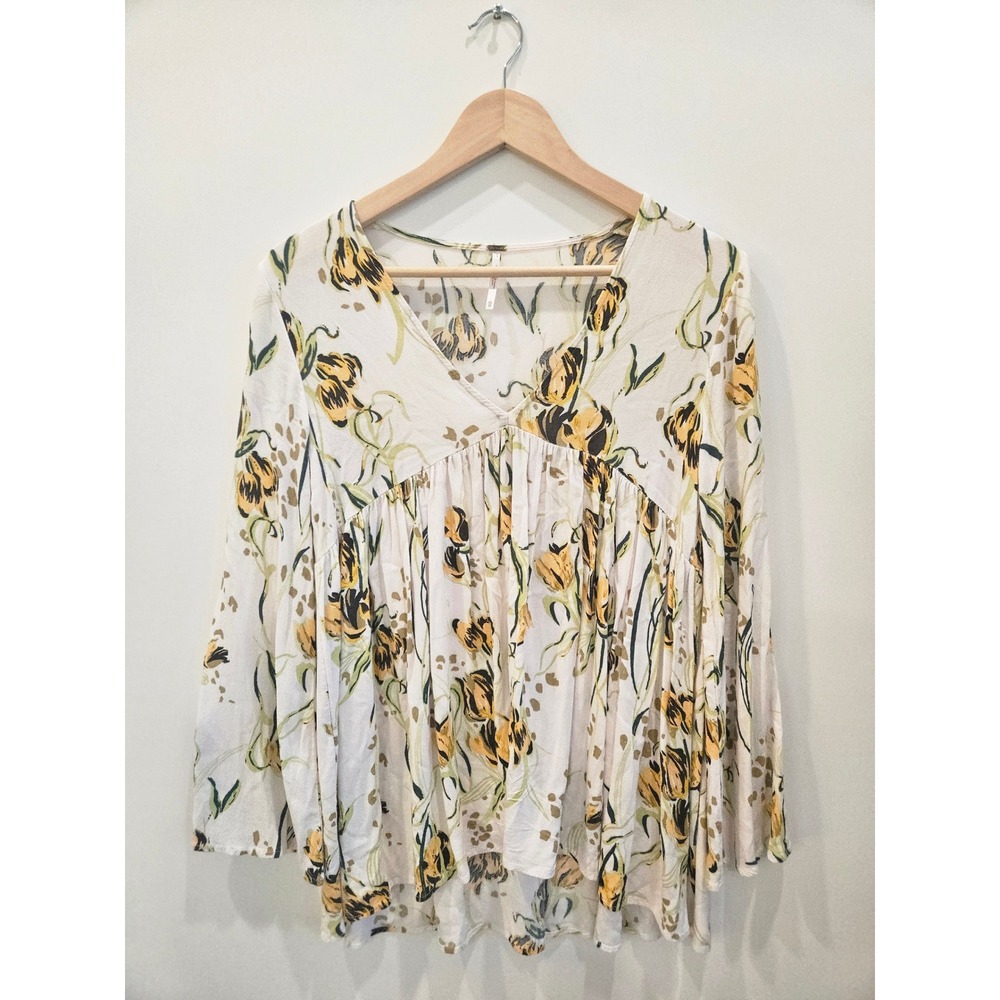 Free People‎ Bella Floral Tunic XS Yellow Black Boho Bell Sleeve V-Neck Blouse